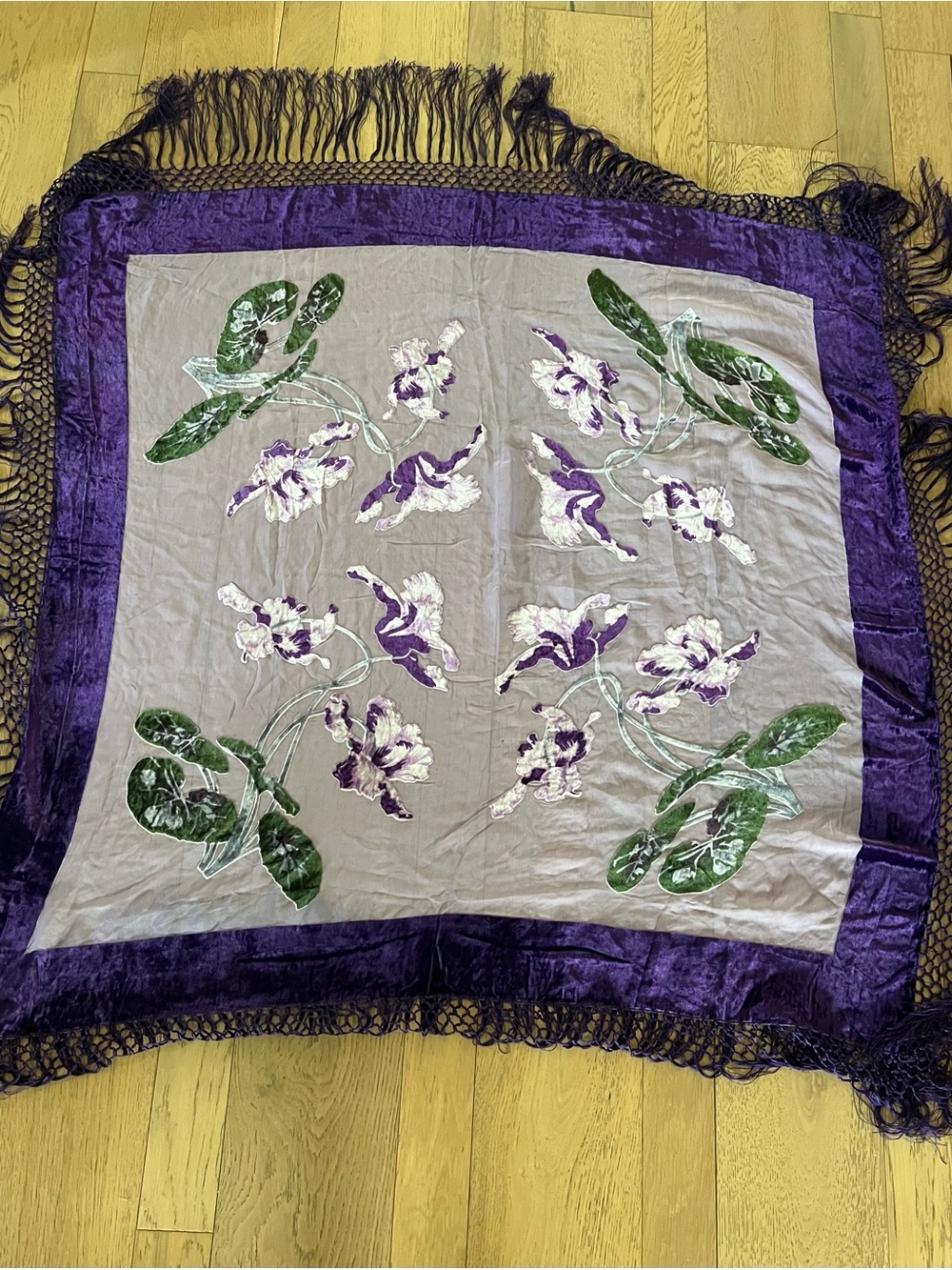 Bohemian whimsy purple and green floral fringe scarf